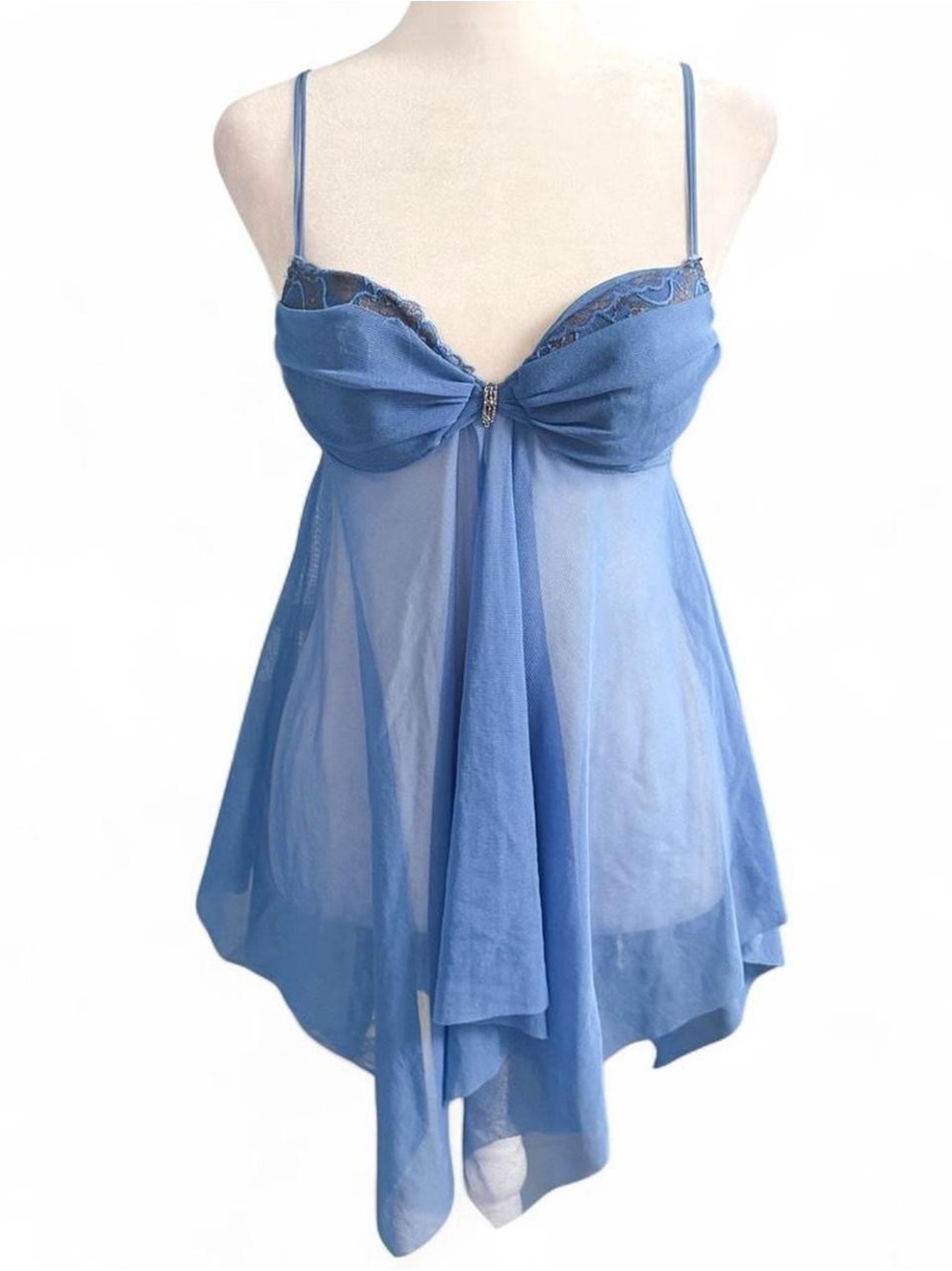 Ambrielle Blue Sheer Babydoll Lingerie Top Size Small Lace Trim
